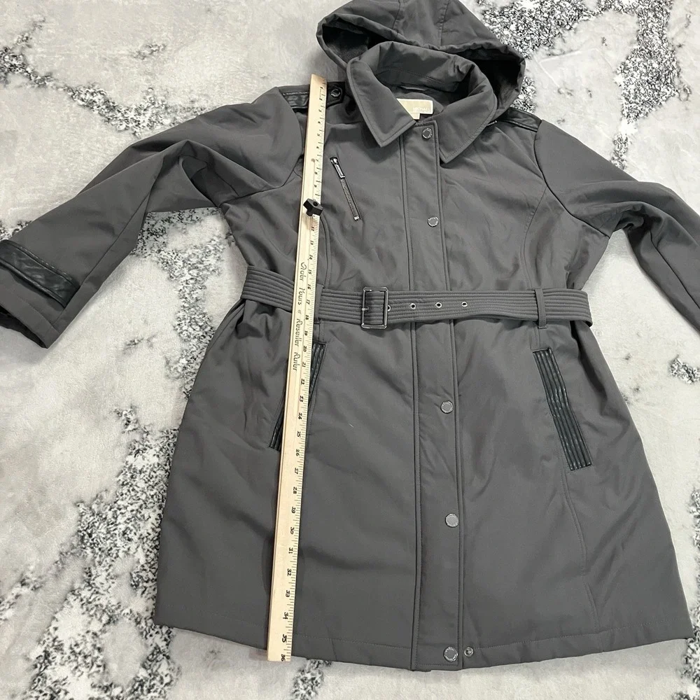 Michael Michael Kors Hooded Belted Trench Coat Gray Women's XL Water Resistant